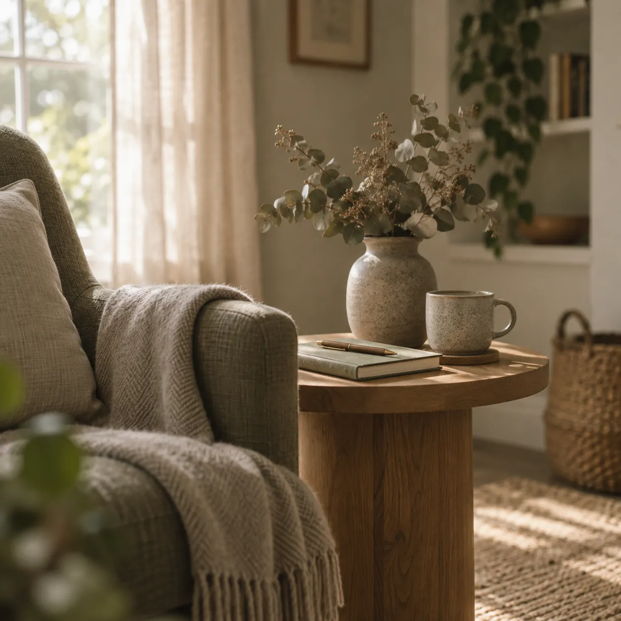 A wool throw over an armchair beside a side table with a notebook and mug