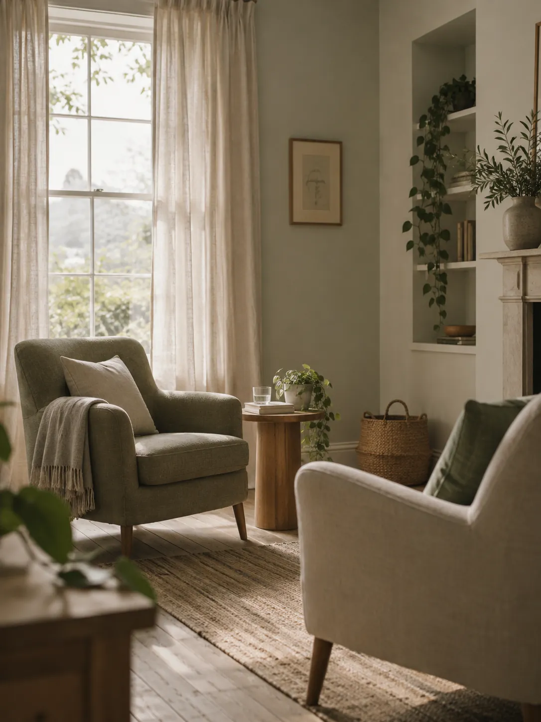 The Field Room counselling space: soft green armchairs, linen curtains and plants
