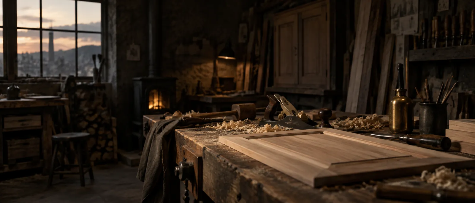 A joinery workshop at dusk: hand planes and sawdust on a worn bench, wood stove burning behind