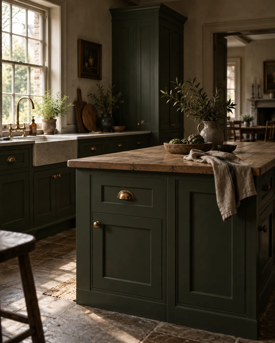 A deep green hand-painted kitchen with brass handles and a reclaimed timber island