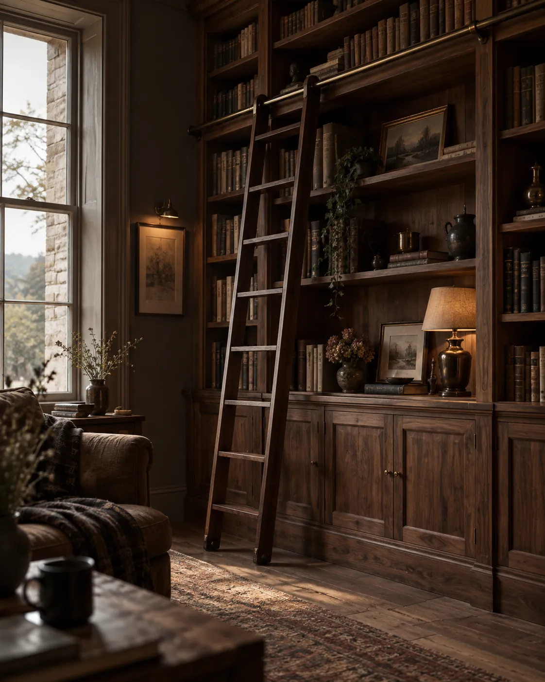 A floor to ceiling walnut library wall with a sliding ladder and lamplight