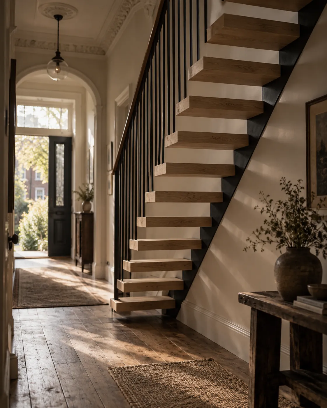 A floating oak staircase with slim black balustrade in a period hallway