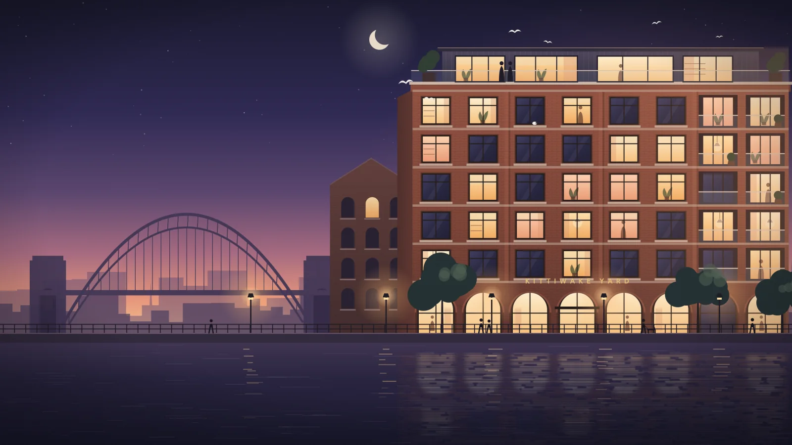 Illustration of Kittiwake Yard at dusk: a six-storey brick building with arched ground-floor windows and a penthouse level, lights on in many of the flats, on the river with the Tyne Bridge in the distance