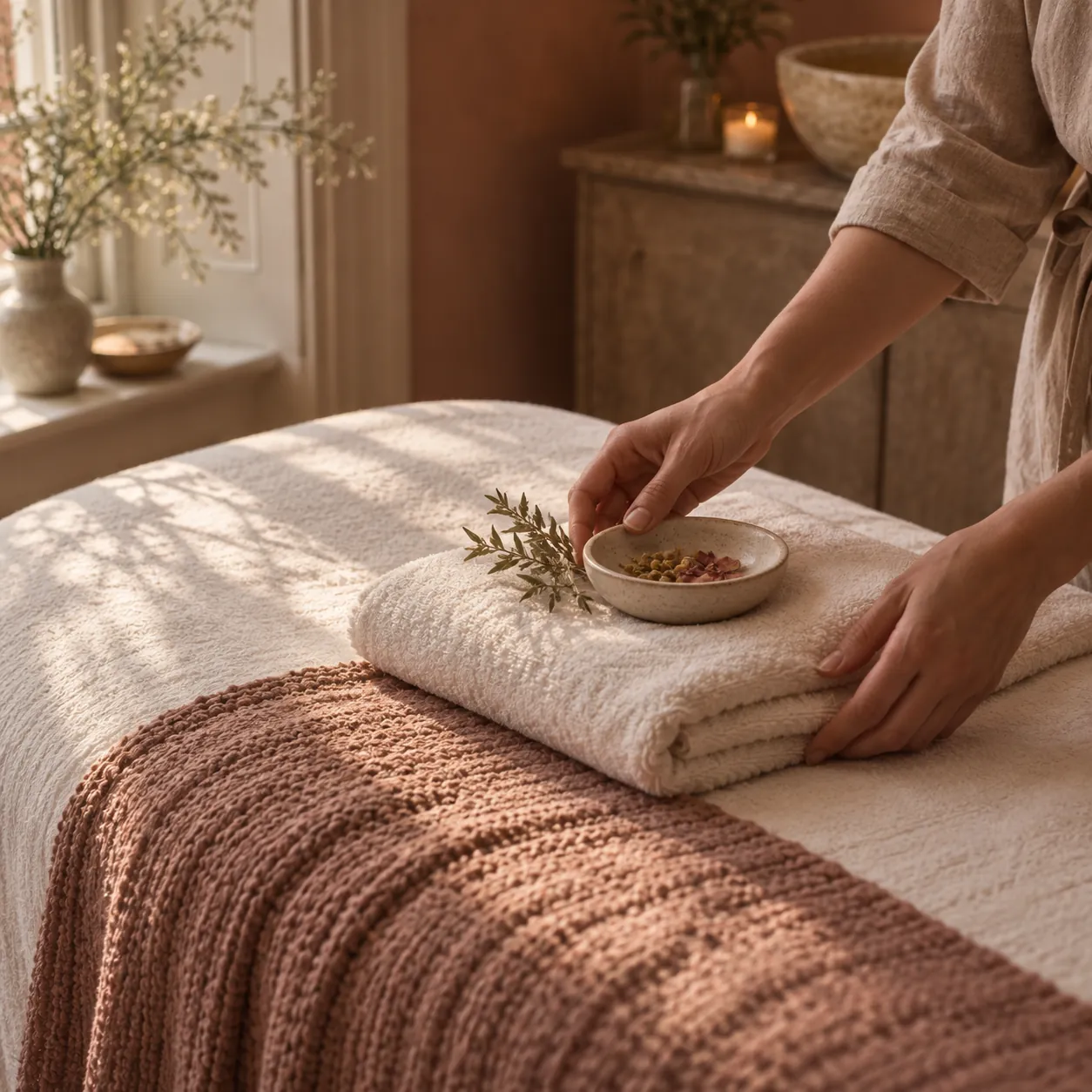 A therapist laying folded towels and a small ceramic dish on a treatment bed