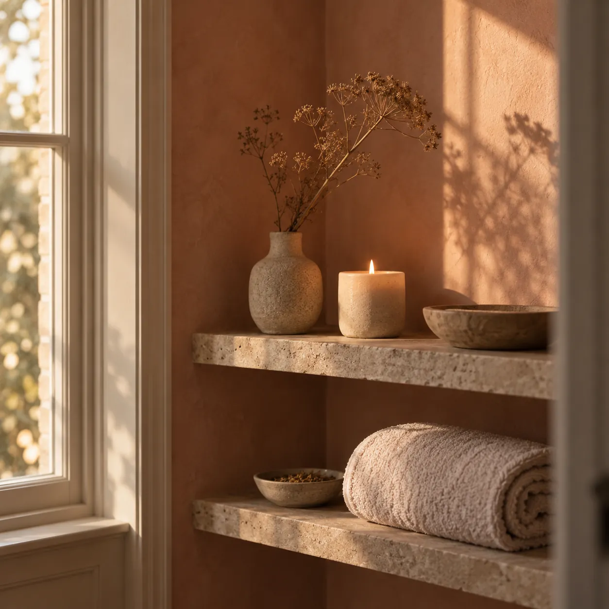 A lit candle, dried flowers and a rolled towel on stone shelves in warm light