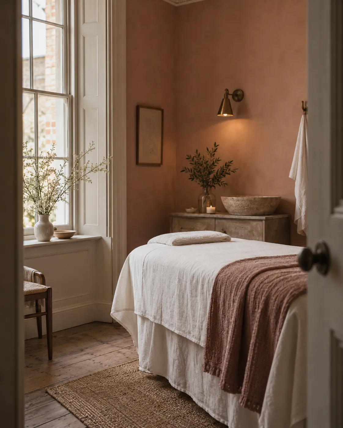 A private treatment room with a linen-covered bed, clay pink walls and brass wall light