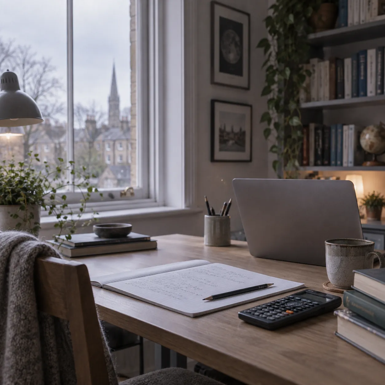 A tutoring desk by a window with squared paper, a pencil, a calculator and a laptop