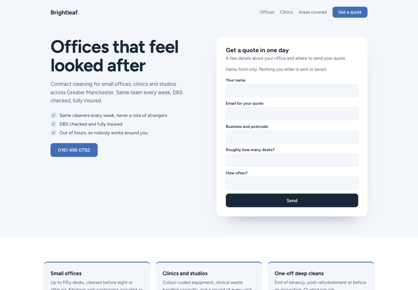 Brightleaf Cleaning website preview, showing its layout, typography and imagery