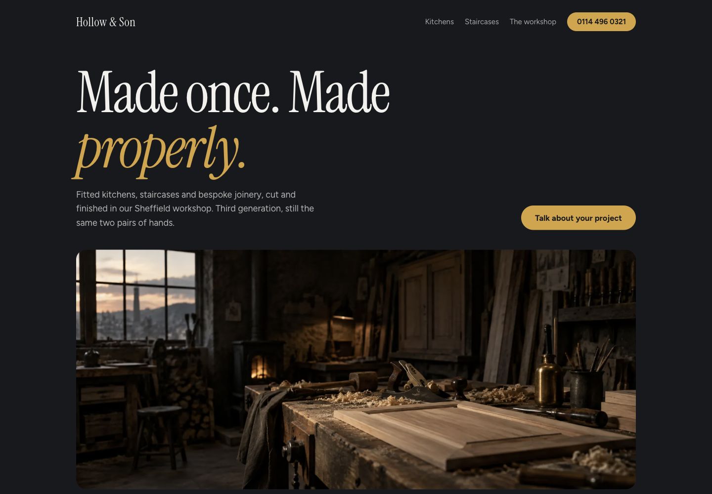 Hollow & Son website preview, showing its layout, typography and imagery
