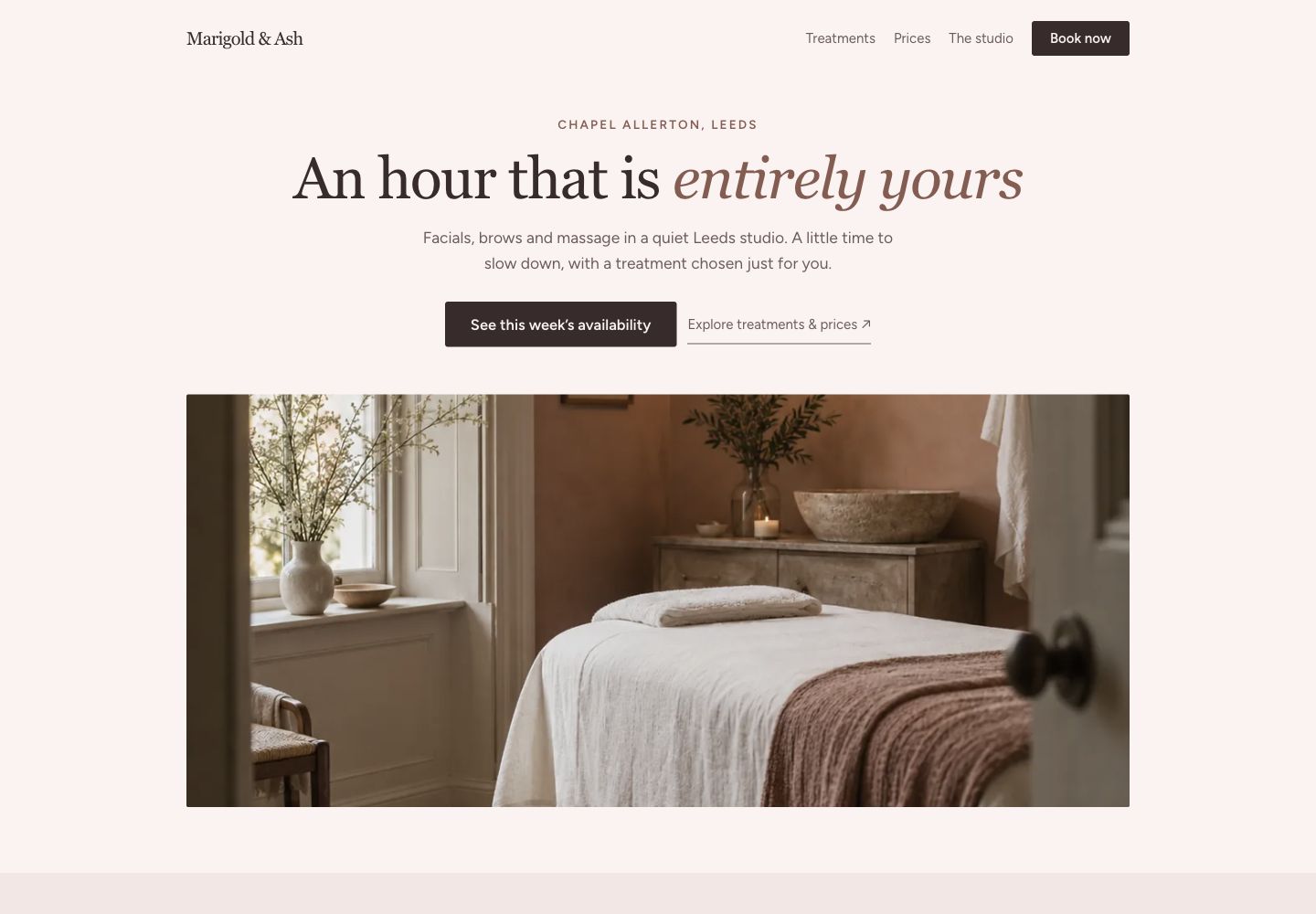 Marigold & Ash website preview, showing its layout, typography and imagery