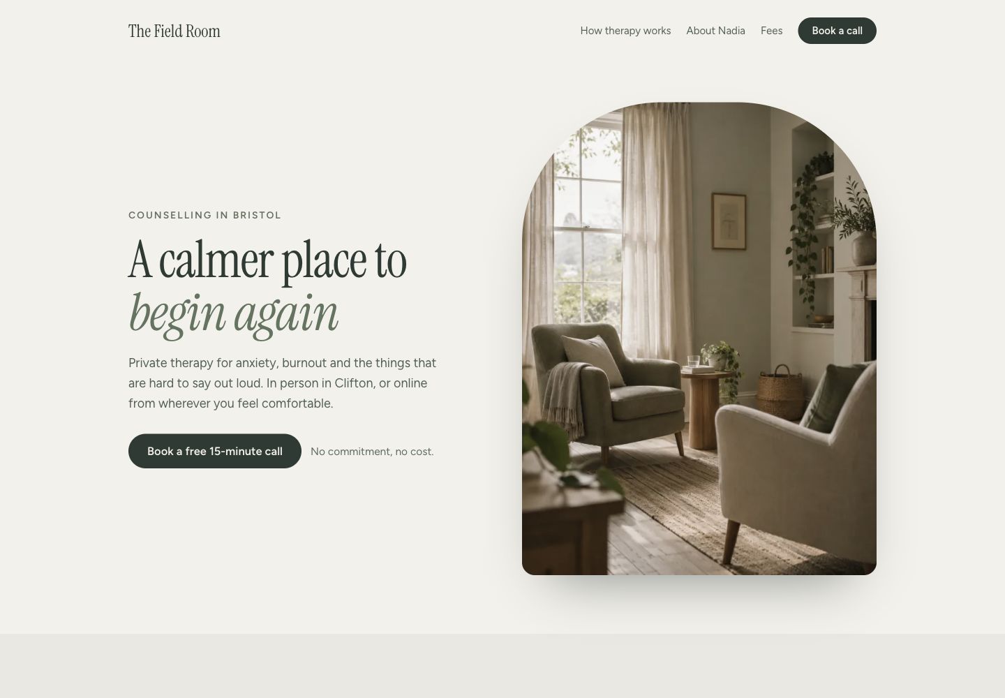 The Field Room website preview, showing its layout, typography and imagery